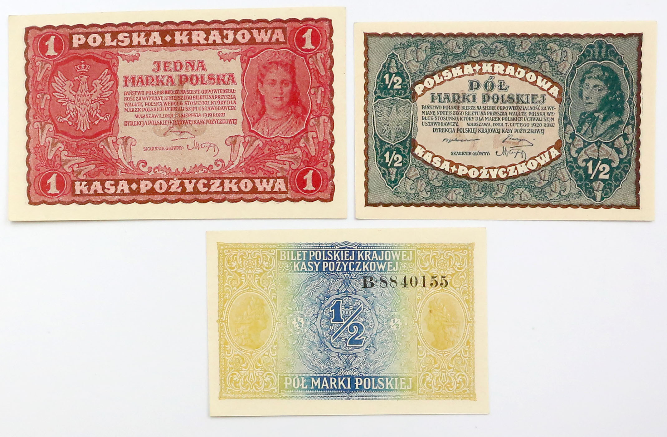 1/2 marki polskiej, 1 marka polska 1917-1920, zestaw 3 banknotów